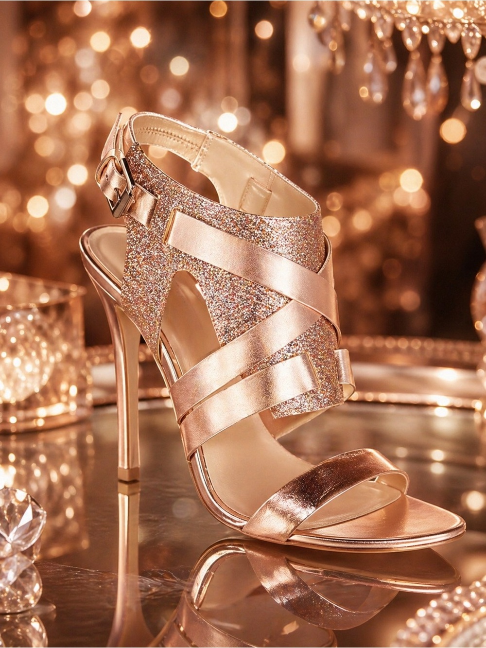 Vera Wang Metallic Rise-Gold Garmin Strappy Glitter Heels Size 9.5